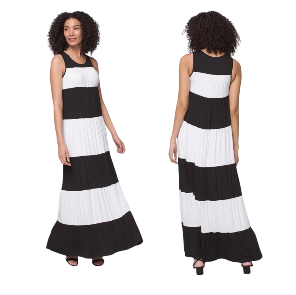 Soma Tiered Striped Jersey Knit Scoop Neck Maxi Dress Women's Size Small